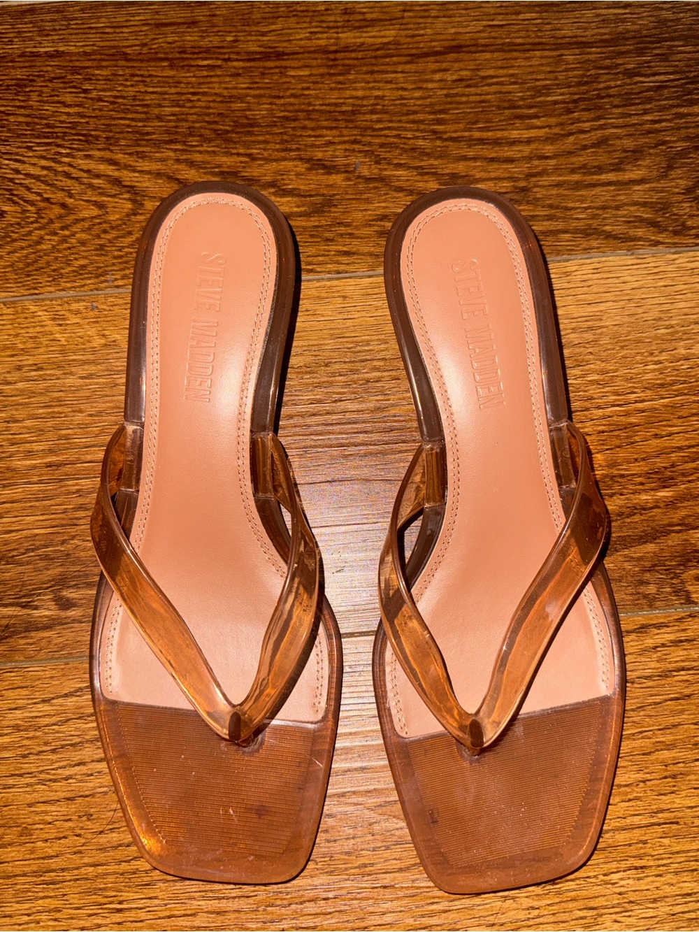 Steve Madden Tan Transparent Thong Kitten Heel Sandals - Picture 2 of 5